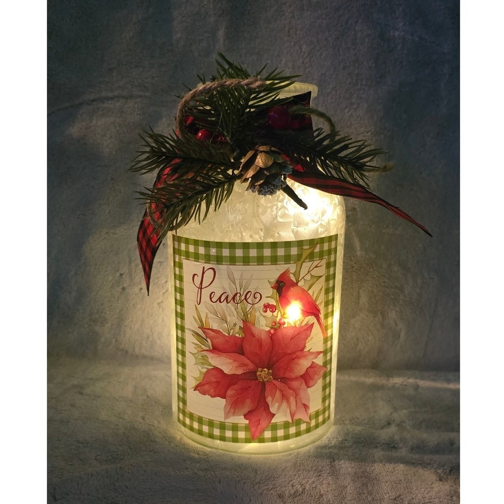 Christmas Frosted Glass LED Jar Luminary Cardinal Poinsettia Peace Rustic Decor